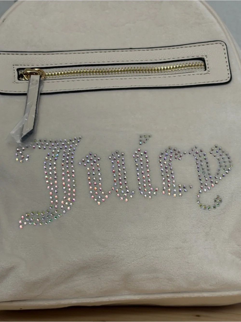 Juicy Couture Cream Rhinestone Logo Mini Backpack with Zip Pocket